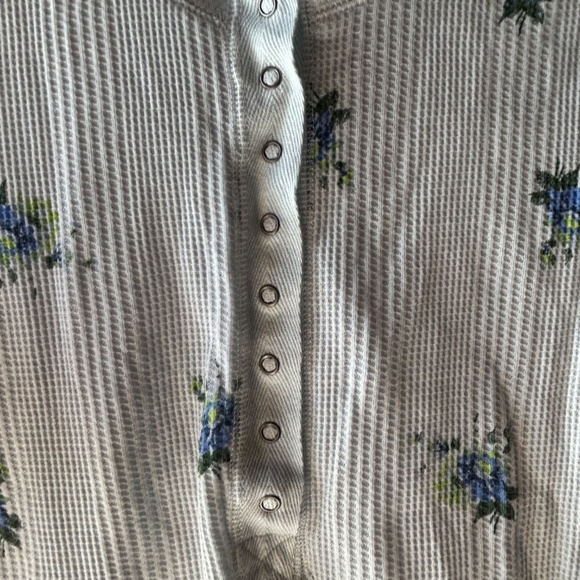 Aerie Ribbed Button Up Long Sleeve Top Light Blue Floral Medium Women - Picture 3 of 10